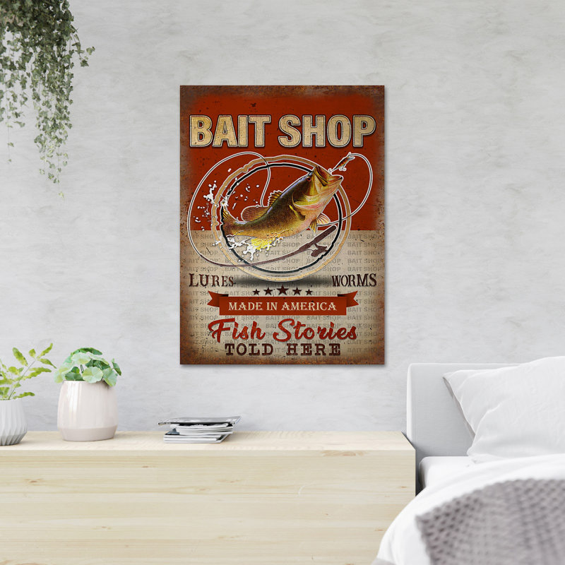 Bait Shop Made In America Fish Stories Told Here - Wrapped Canvas Advertisements, 36" H x 24" W x 2" D