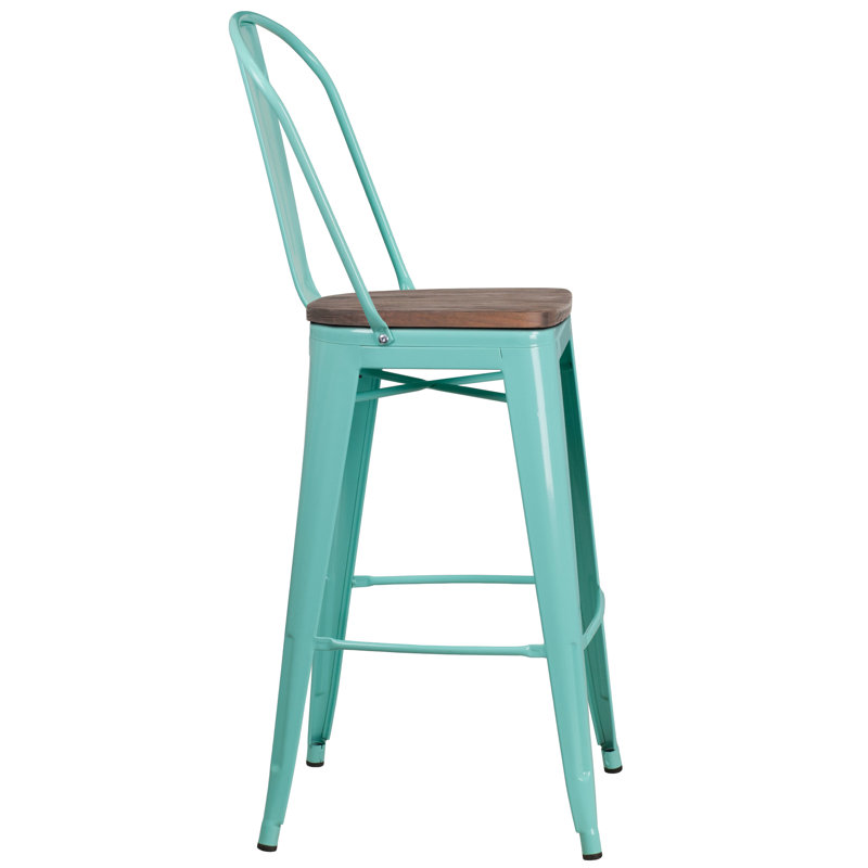 Lynne 4 Pk. 30" High Metal Barstool with Back and Wood Seat, Mint Green