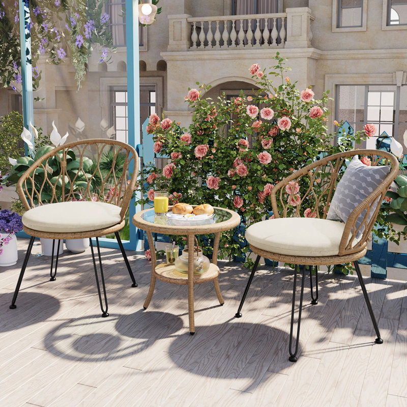 Outdoor Leisure Set, 2 Rattan Single Chairs With A Glass Round Table, Suited For Patios, Balconies, And Courtyards, Beige