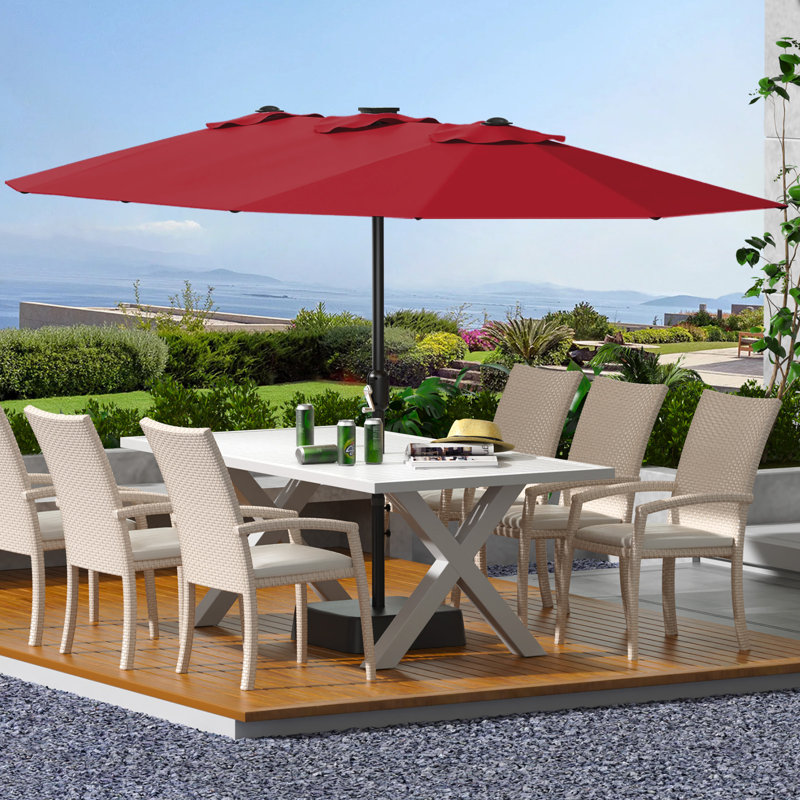 Parasol de patio rectangulaire à double face de 15 pieds avec base - Auvent en polyester imperméable et résistant aux rayons UV - Structure en acier allié robuste, manivelle et inclinaison - Grand parasol d'extérieur