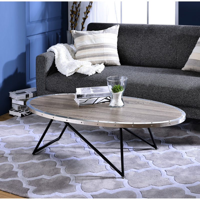 Oval Metal Base Coffee Table, Weathered Gray Oak Top, 70lbs Weight Limit Table With Black And Oak, Limit, 15in Height