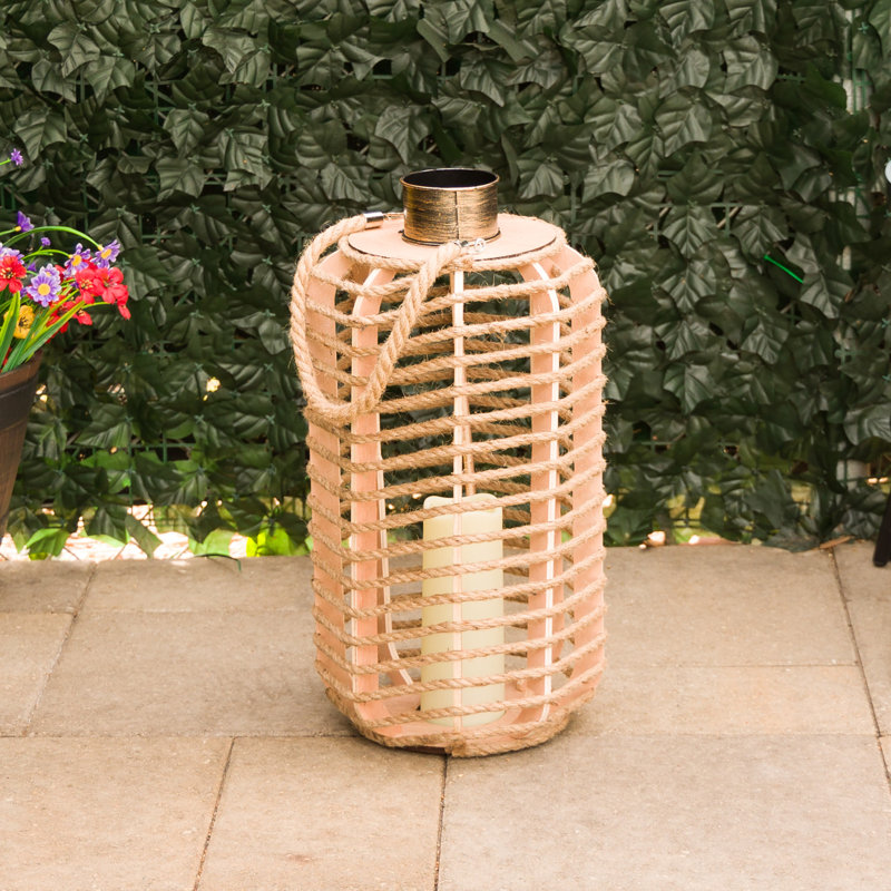 Hemp Rope Wooden Lantern With Flickering Led Lights, Garden Light Décor, Rustic Outdoor Lantern For Patio, Lawn, And Yard