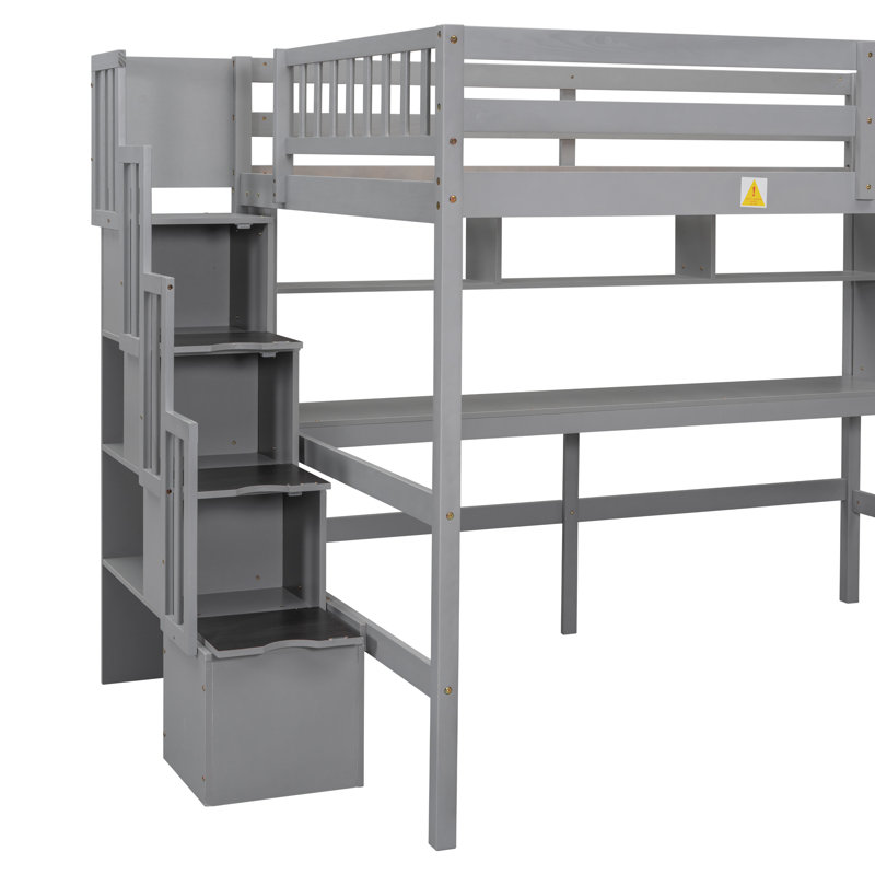 Lit mezzanine double NordWood avec bureau, tablettes de rangement et escalier