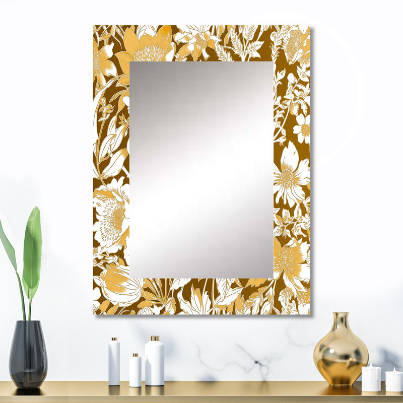 Floral floral doré, floraison, fleurs blanches et sauvages, miroir décoratif décoratif traditionnel, 32 po x 24 po