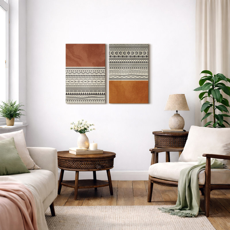 «Geometric Line», «Orange brun Tribal Boho Artwork», images murales bohémiennes abstraites, impression sur toile encadrée, 2 pièces