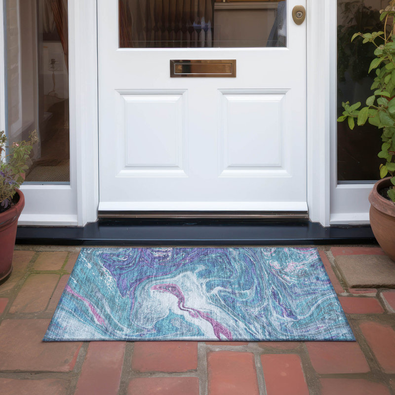 Teal Abstract Washable Synthetic Rectangular Rug 30" x 20"
