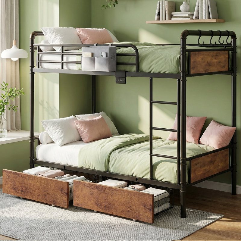 Metal Pipe Twin-Over-Twin Bunk Bed with LED Lights, Charging Station, 2 Lockable Drawers & Storage Bag, Rustic Brown/Black