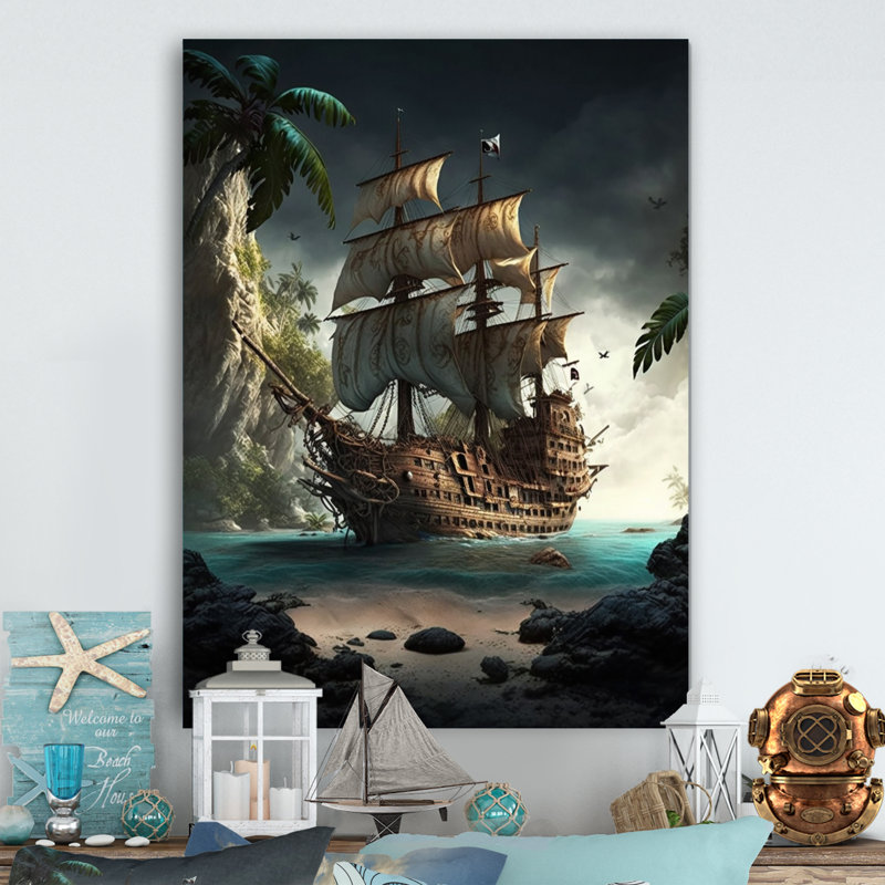 Bateau pirate sur l'océan - reproduction sur toile, H 32 po x l 24 po x P 1 po, Toile tendue