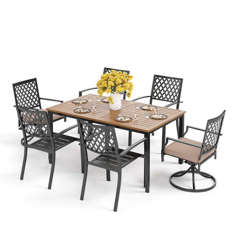 Ensemble de salle à manger 6 personnes 63,77 po avec coussins et parasol Leonard, Brun, L 60 po x H 28,7 po