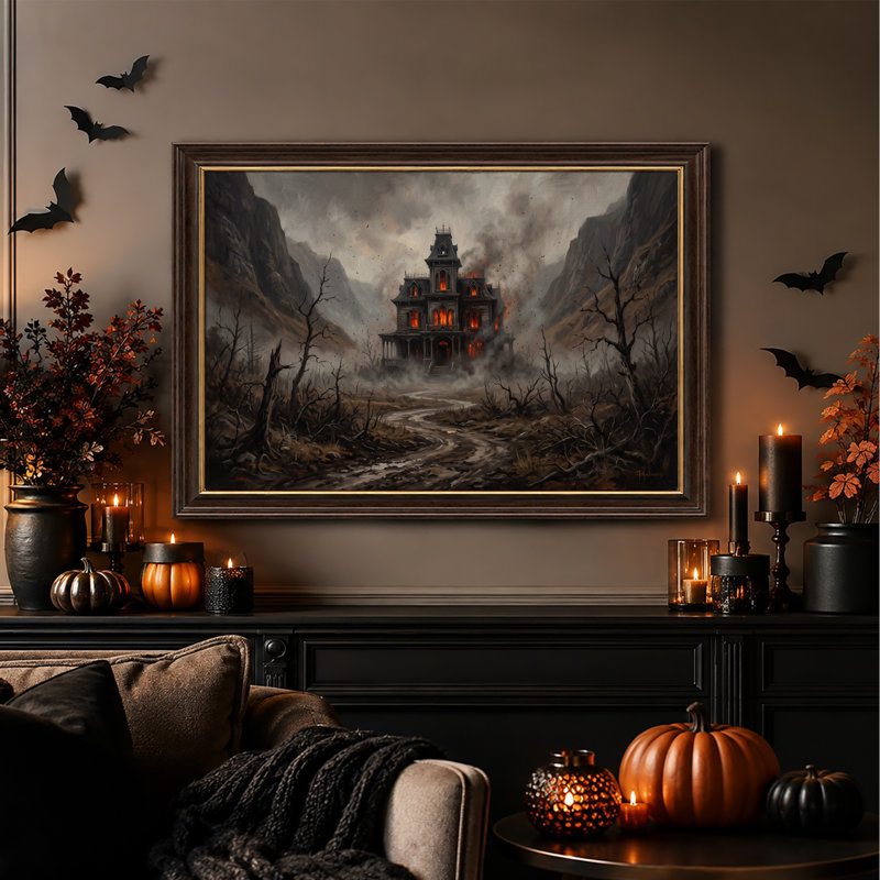 Maison hantée gothique aux fenêtres orange vif - Toile murale d'Halloween, H 12 po x l 18 po