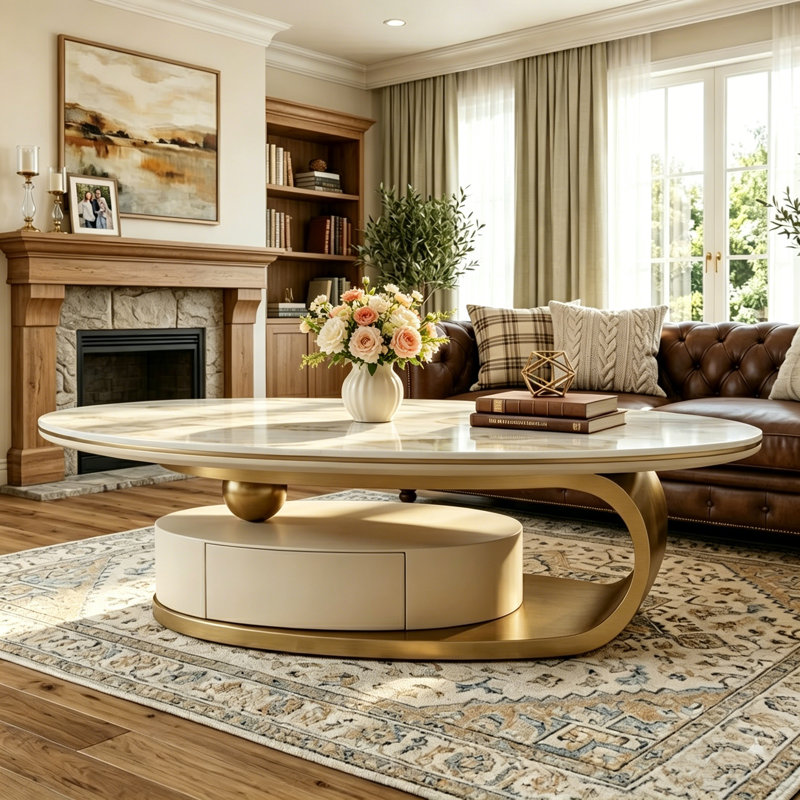 51.2" Modern Oval Coffee Table, Luxury Sintered Stone Top, Gold Base Center Table With Drawer