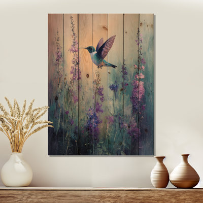 Hummingbird In The Wildflowers IV - Bird Wood Wall Art - On Natural Pine Wood