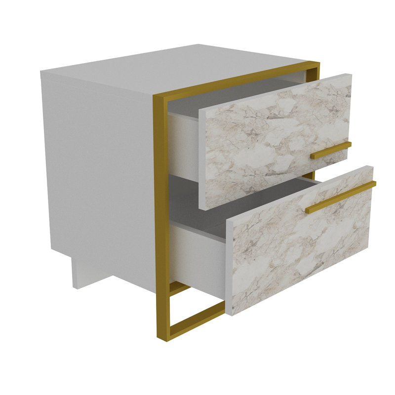 Modern White Nightstand with Gold Accents, 19.7 x 20.4 x 15.2 inches | 100% Melamine Coated Particle Board & Metal Frame | Multiple Shelves for Extra Storage, Glamorous Marble Pattern Design, Perfect for Bedroom Decor