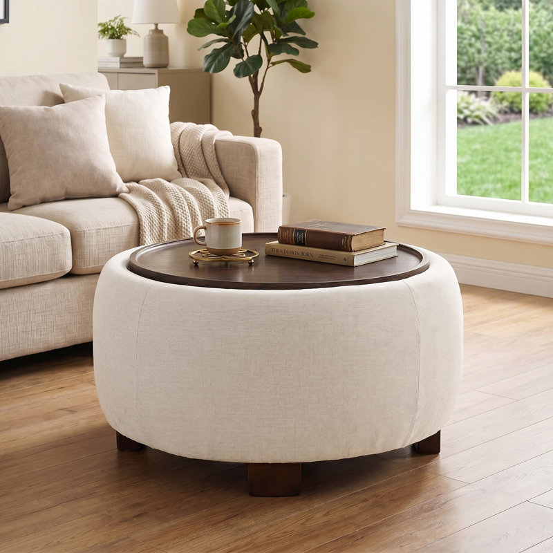 Round Cocktail Ottoman with Storage, Solid Beige Chenille