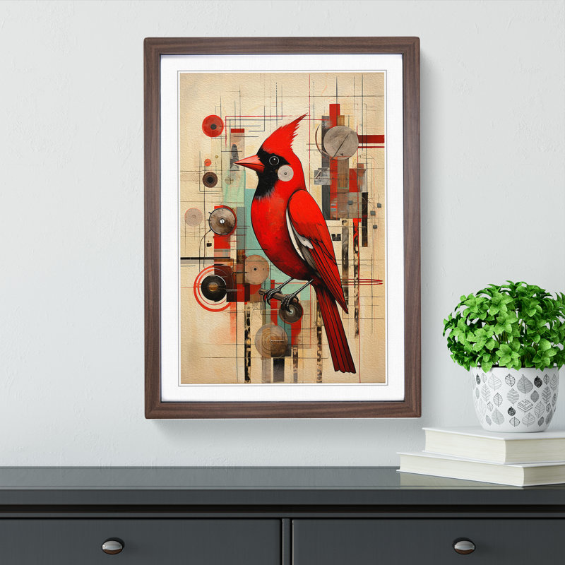 Cardinal Bird Constructivism No.2 - Single Picture Frame Print on Wood, Walnut Framed, 46cm H x 34cm W x 2cm D