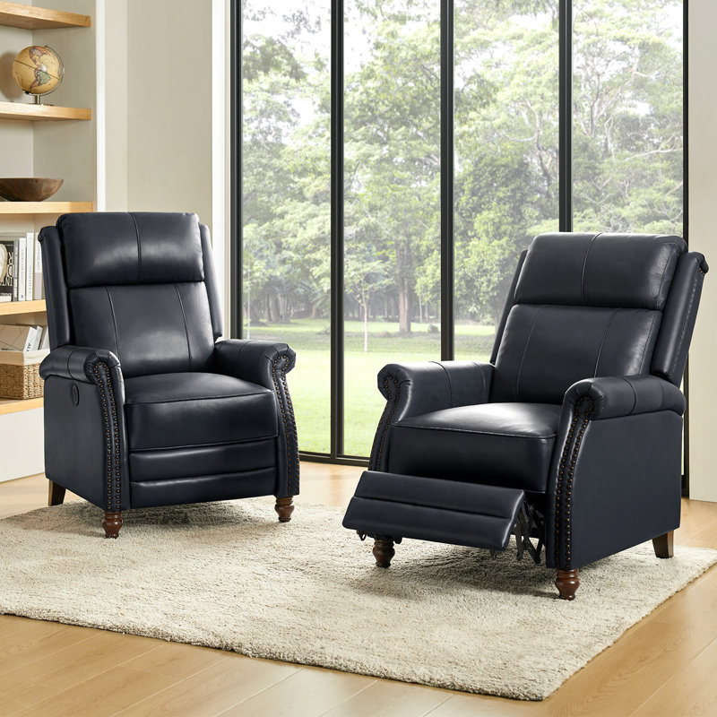 Ellrich 29"W Traditional Genuine Leather Power Recliner Set Of 2, Navy