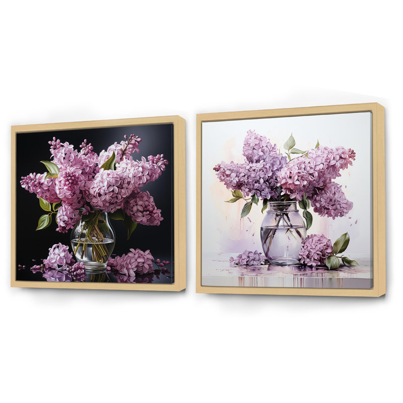 Élégant vase à bouquet de lilas - ensemble de 2 collages carrés lilas, Cadre flottant brun, H 36 po x l 73 po