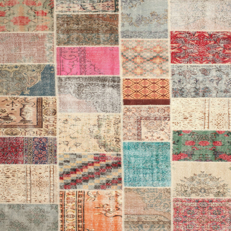 Tapis patchwork bleu / gris / rose, Rond 4 pi