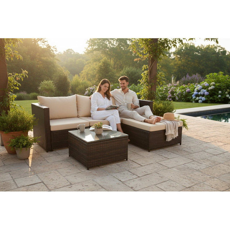 Hampus 3 Seater Rattan Brown/Beige Garden Sofa Set With Large Stool And Coffee Table