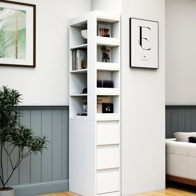 Armoire de rangement H 71,14 po à 4 niveaux avec 3 tiroirs latéraux et petites tablettes blanches pour un espace de bureau idéal