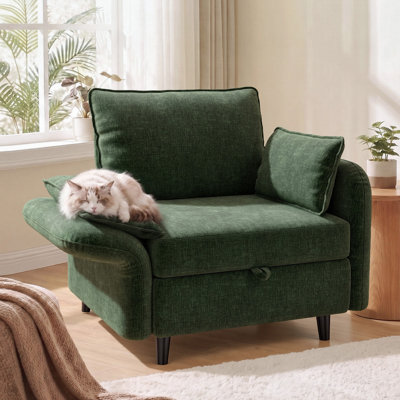 Fauteuil d'appoint surdimensionné avec accoudoirs ajustables, coussin épais, rangement dissimulé et coussins décoratifs pour le salon, vert
