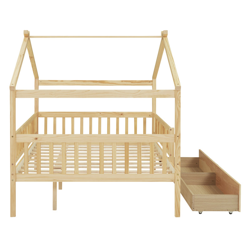 Lit double en bois avec deux tiroirs, Naturel