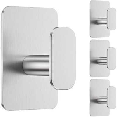 Large Heavy Duty Wall Hooks - 26lb Max, Stainless Steel Adhesive Towel Hooks for Hanging Towel, Coat, Robe, Hat, Sticky Towel Holder for Wall Mount in Bathroom, Shower, Kitchen(Silver, 4 Pack)