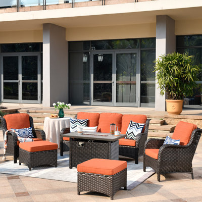 5 - Person Wicker Outdoor Conversation Set, Patio Sofa Set with Fire Pit and Cushions