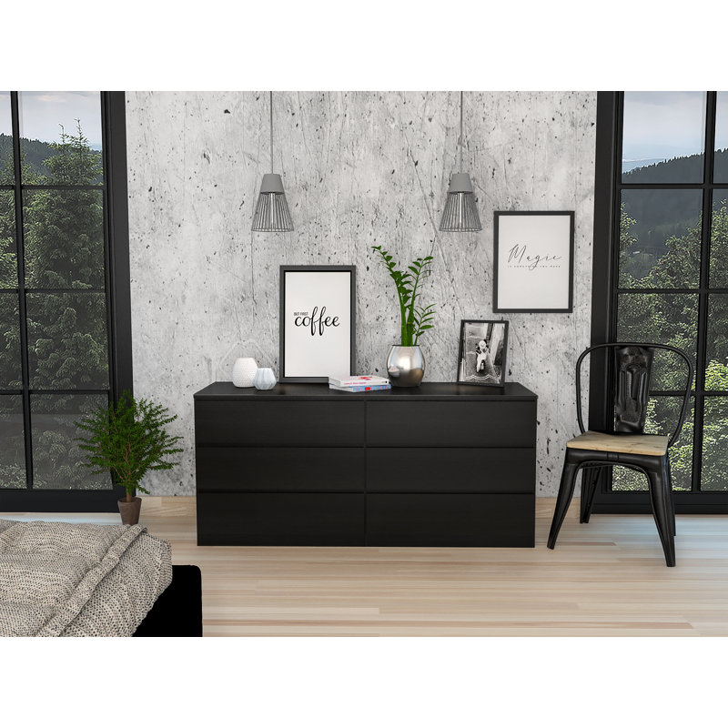 Commode à 6 tiroirs Latitude Run® Elara 60,4 po L – Coffre de rangement moderne pour chambre à coucher, Noir
