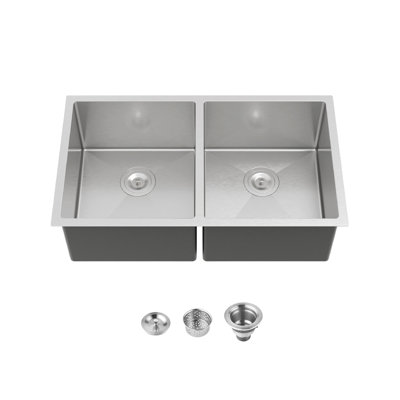 33" L Undermount Double Bowl Stainless Steel Kitchen Sink with Basket Strainer