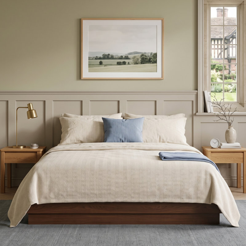 Lit plateforme moderne en bois sans tête de lit avec base étagée et rangement relevable, très grand, brun noyer, Noyer brun
