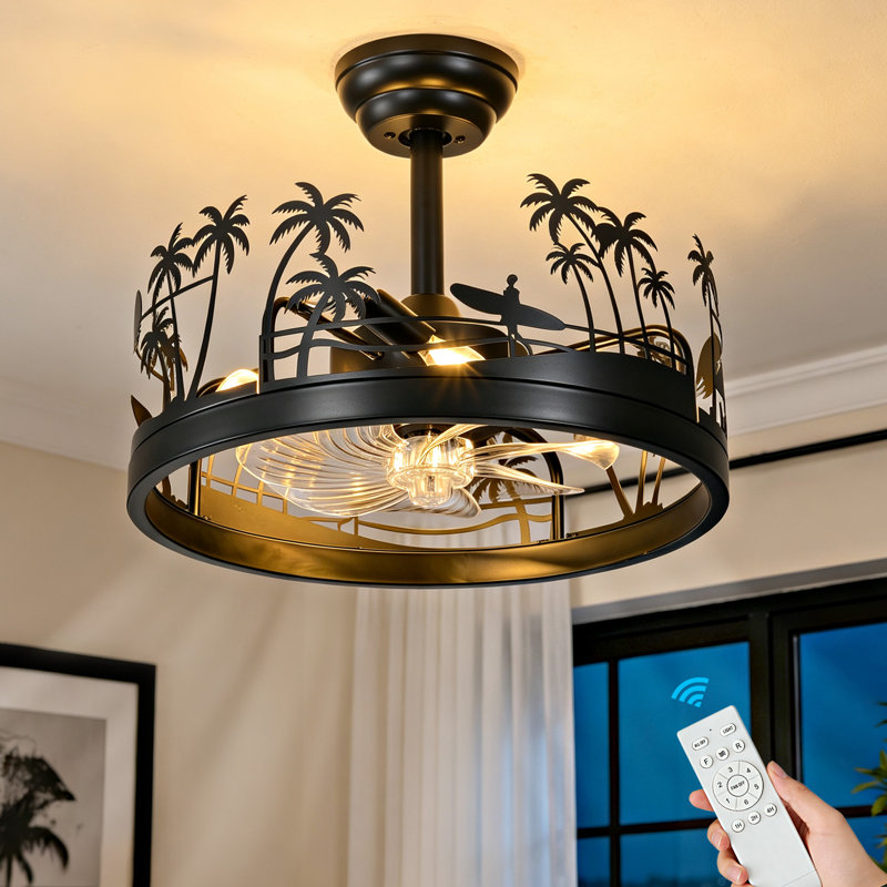 Ventilateur de plafond noir à cage, motif palmier tropical de 45 cm (17,7 po), avec éclairage et télécommande, profil bas, montage encastré, moteur CC réversible à 6 vitesses, idéal pour une chambre ou un salon.