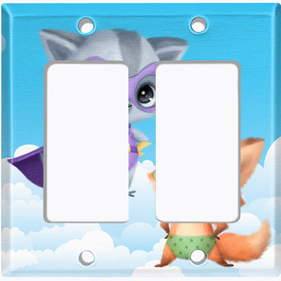 Metal Light Switch Plate Outlet Cover (Cute Nursery Super Hero Fox Sky Blue - Single Toggle)