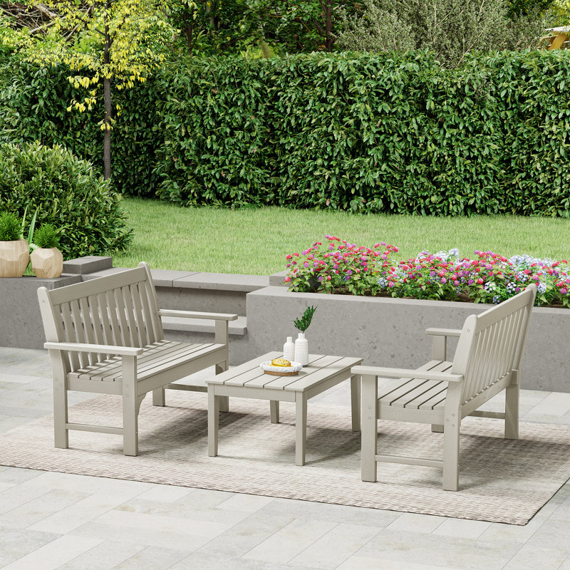 Banc 3 pièces avec table basse Poly, 3 pièces: 1 table basse, 2 bancs, Beige