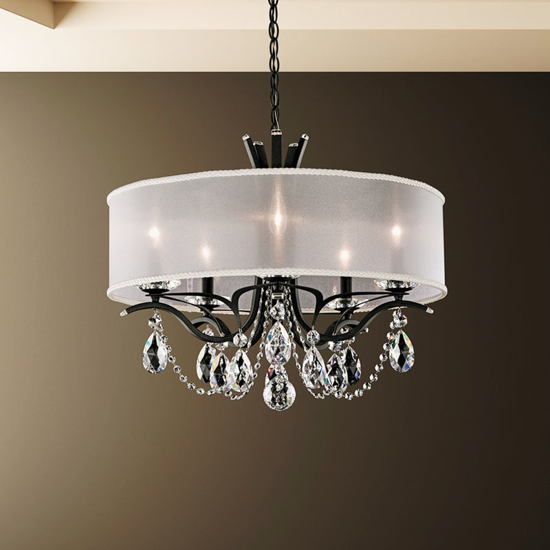 Vesca 5 Light 24in x 20in Chandelier with Gold Drum Shade in White with Clear Radiance Crystal, Chinese (K9), White, Black