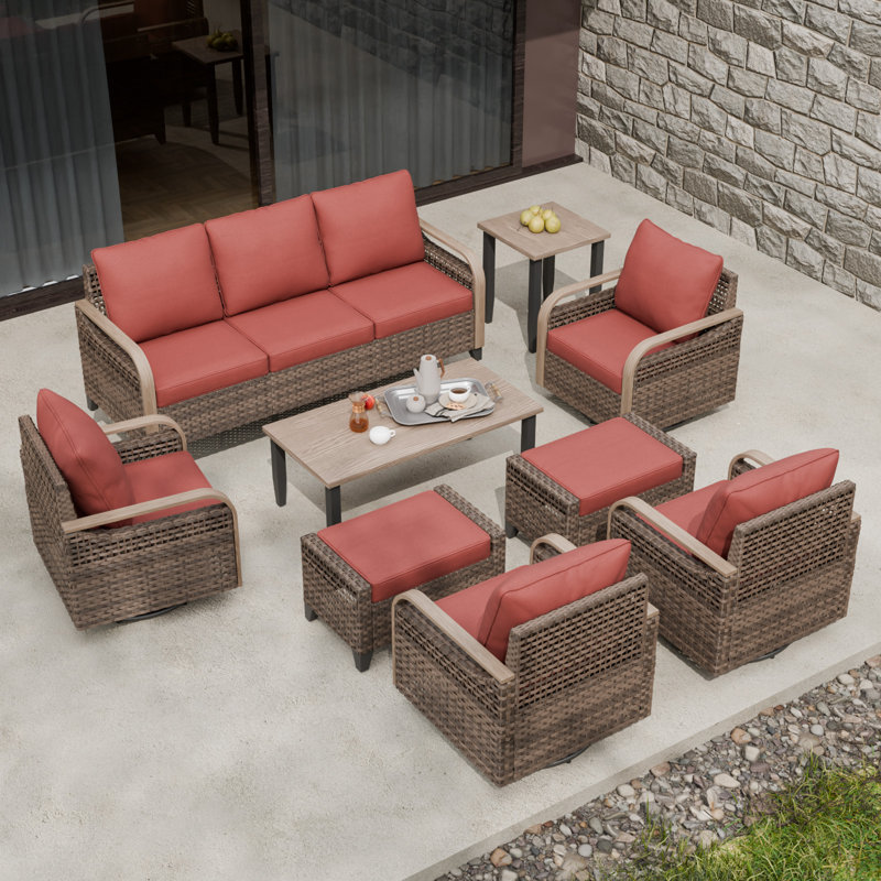 Ensemble de conversation d'extérieur pour 7 personnes avec coussins, Rouge