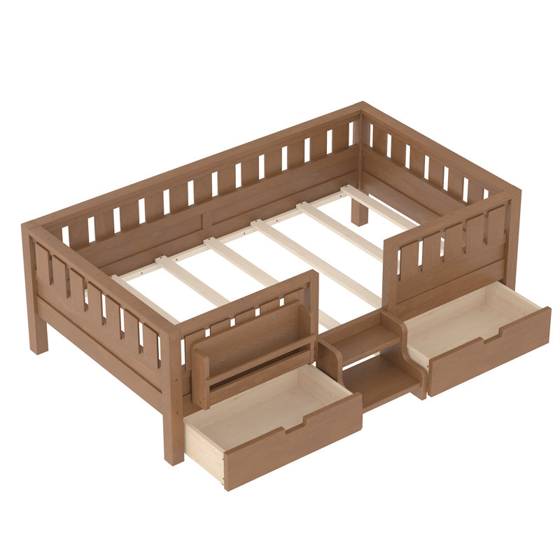 Twin Kids Floor Bed with Stairs, Rails and Slats,Twin Size Montessori Floor Bed with Bookshelf and 2 Storage Drawers,Easy Assemble Montessori Beds Frame,Natural