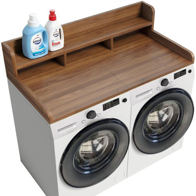 Washer Dryer Countertop with Non-slip Pads, Laundry Wood Shelf Topper with Edge, 58" Width x 28" Depth Double Layer Organizer for Washer and Dryer Laundry Hamper Counter Storage Organization (WALNUT)