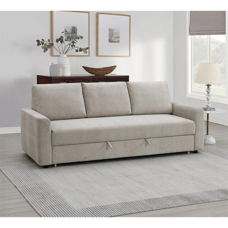 Androniki Transitional 89''L Upholstered Square Arms Sofa with Sleeper, Beige Fabric