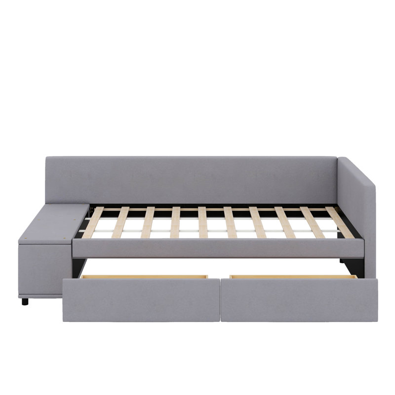 Lit plateforme simple tapissier en forme de L avec tiroirs, Gris