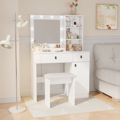 Modern Bedroom Vanity - White Desk With Large Tabletop, Adjustable Brightness Lights, And 2 Deep Drawers For A Tidy Lights Mirror Makeup Storage