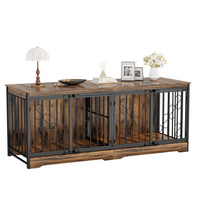 Meuble télé 71 pouces pour 2 chiens, cage décorative en bois pour chien avec support télé pour grands et petits chiens