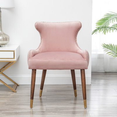 Contemporary Accent Chair In Pink - Velvet Upholstery With Dense Foam, Curved Back Tufting, Black Legs Metal Finish Chair, Upholstered , Solid Rubberwood Electroplating