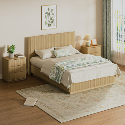 Queen Size Bed Frame with LED Lights, Modern Wooden Corrugated Curved Lines, Convex Groove Board Design, Oak.