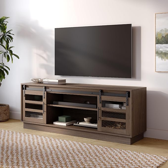 58" Modern Barn Door TV Stand, Dark Brown Wood