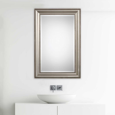  Miroir mural décoratif - H 36 po Cadre feuille d'argent champagne vieilli avec détails perlés et verre biseauté