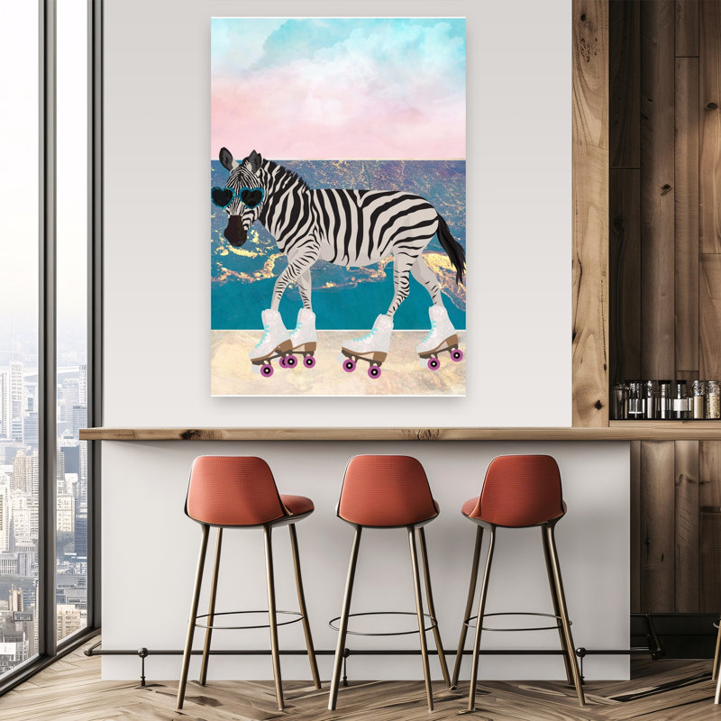 «Cool Skating Zebra», impression rétro fantaisiste sur fond de plage zébrée, océan, H 60 po x l 40 po