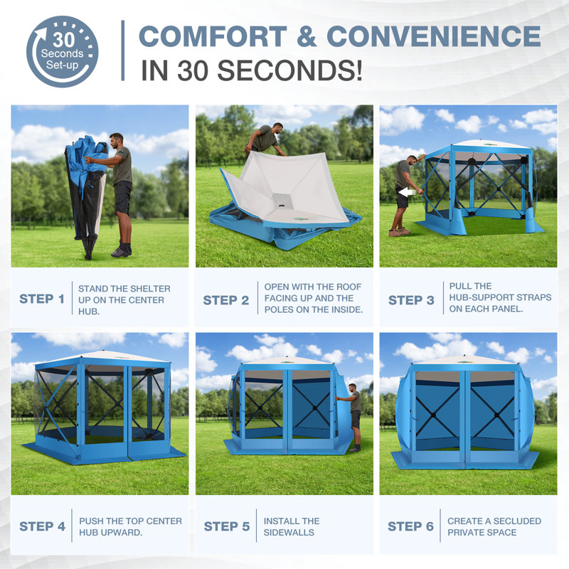 10x10ft Camping Gazebo Screen Tent, 5 Sided Pop-up Canopy Shelter with Mesh Windows, Blue
