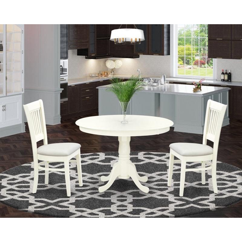 3 Piece Kitchen Table & Chairs Set Contains a Round Dining Table with Pedestal and 2 Linen Fabric Dining Room Chairs, Linen White