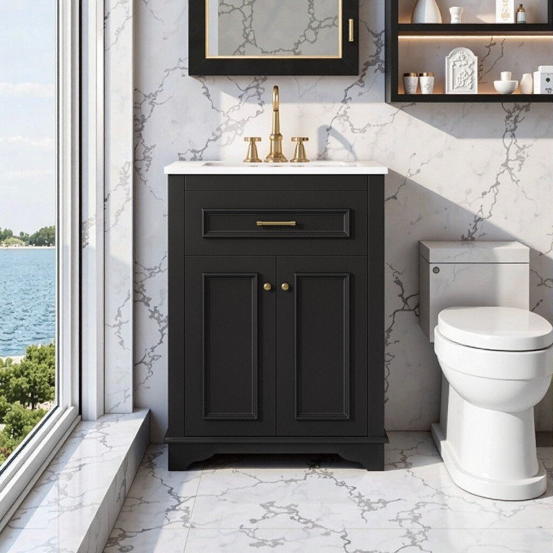 Meuble-lavabo de 24 po avec lavabo en céramique intégré, Noir